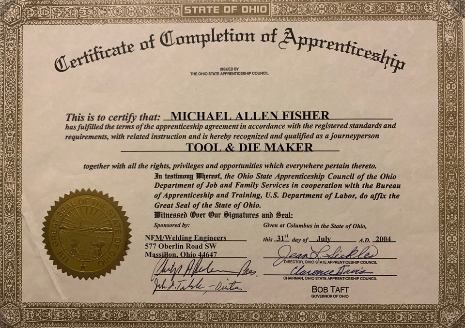 photo of Mike Fishers Journeyman tool and die maker certificate